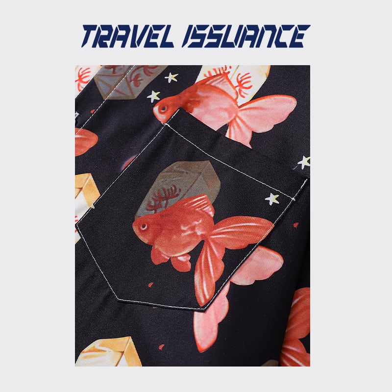 [TRAVEL ISSUANCE Series]★Shirt★ Long sleeve shirt tops unisex men's goldfish black red casual