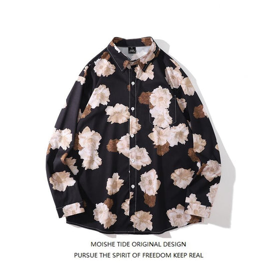 [MOISHE TIDE Series] ★Retro Shirt★ 2 Color Tops Printed Floral Shirt Unisex Men's Beige Black