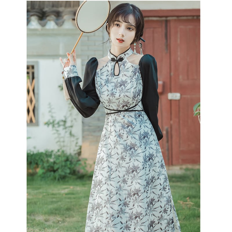 [Only you series] ★China style dress★ Improved cheongsam dress, off-the-shoulder ink pattern, slimming wear, date photo shoot