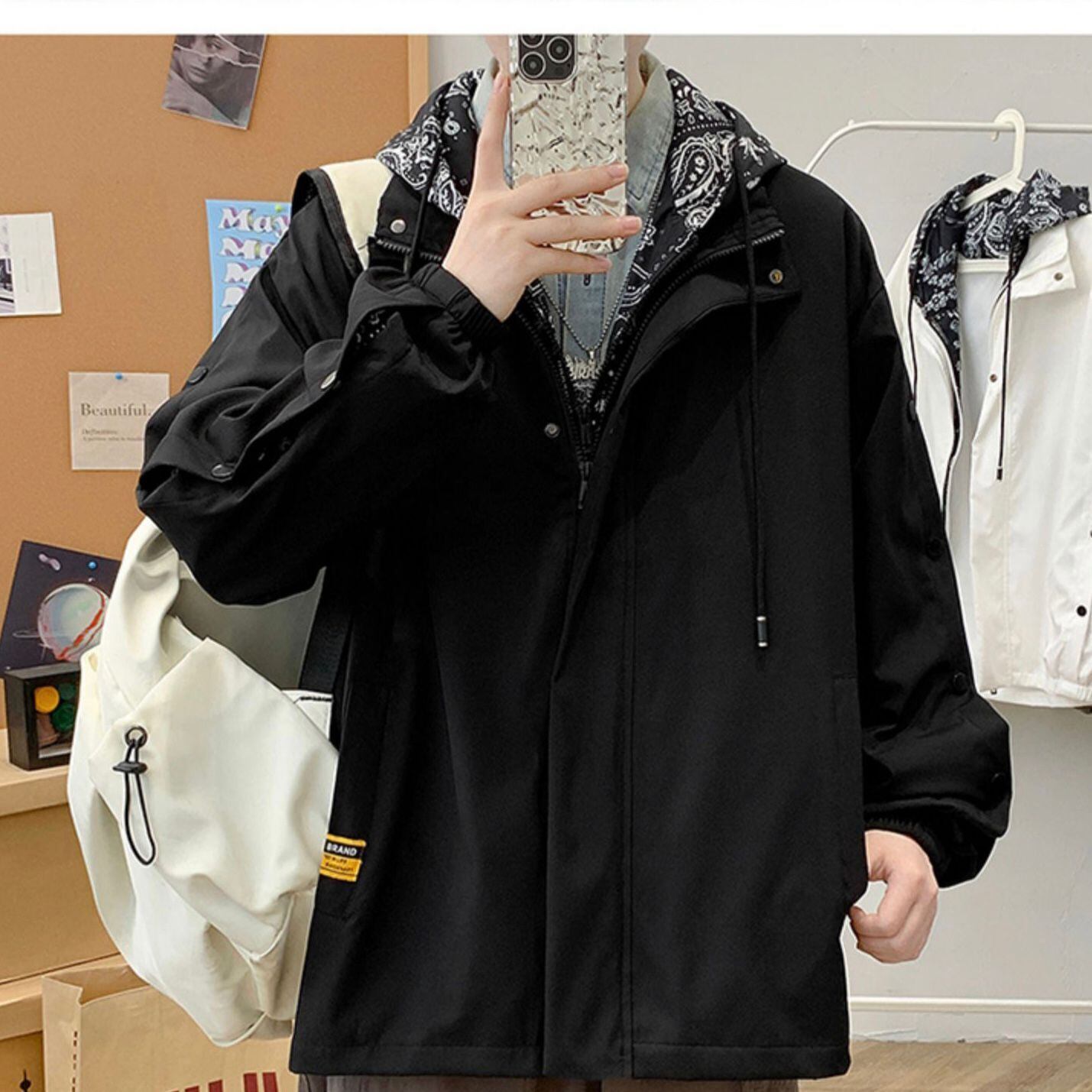 [98 NEUTRAL Series] ★Jacket★ 2 Color Faux Layered Casual Hooded Unisex Men's Black White