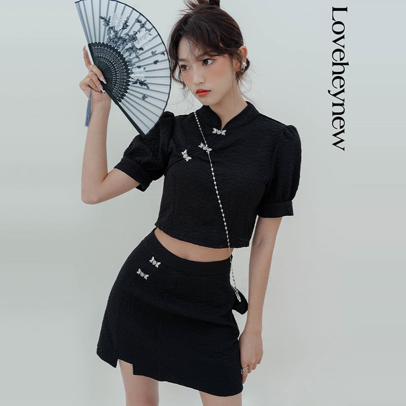 [LOVEHEYNEW series]★China style setup, single item order★ Tops or skirt, slimming black, black