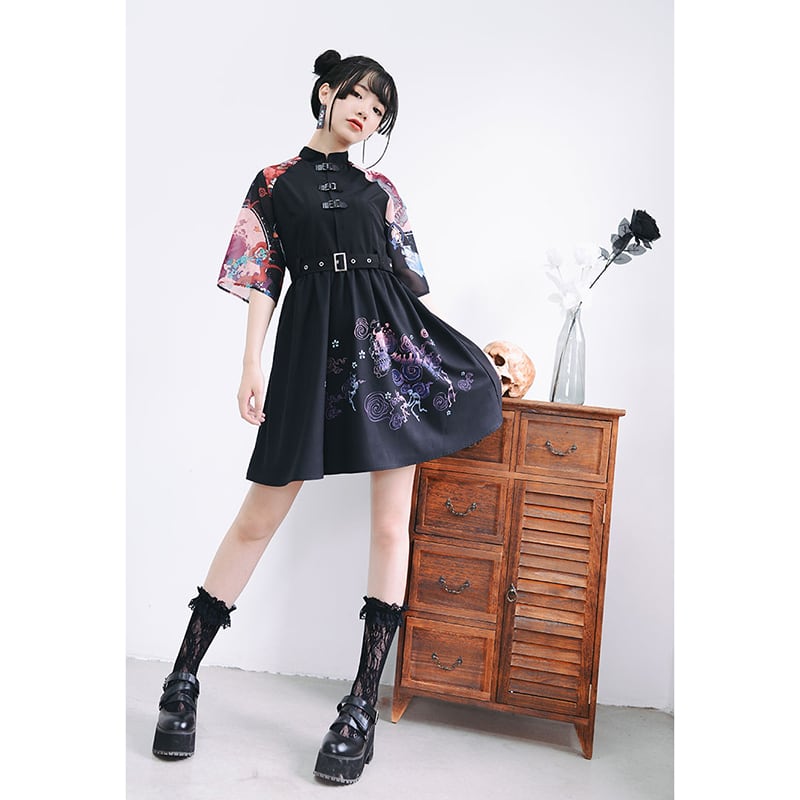 [Kokaisha series] ★China style dress★ Chiffon short length Unique black black SML