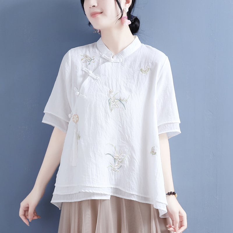 [Qing Series] ★Chinese style tops with decorations★ 4 colors cotton linen embroidery summer simple pink blue green white green