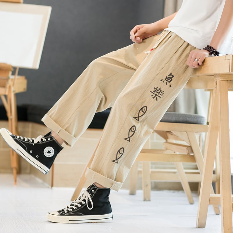 [TAOHUAYUAN Series]★China style trousers★ 3color bottoms trousers casual pants unisex men's large size fish nine-quarter length