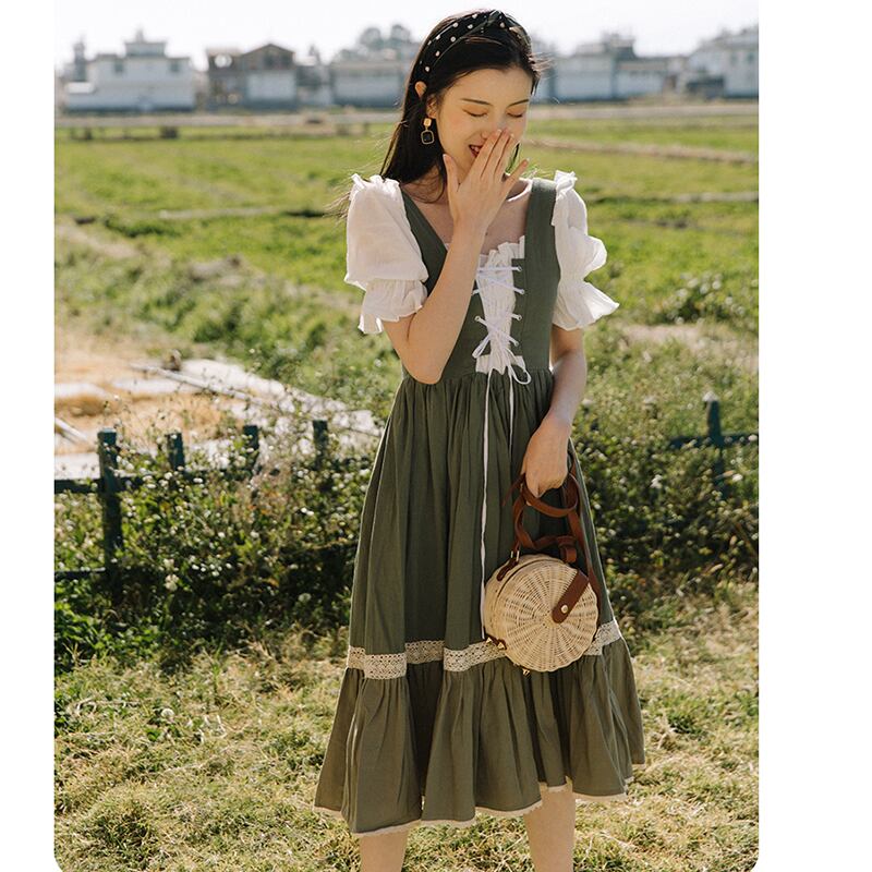 [Jinkyoku Series] ★One Piece★ Retro Dress Switching Ladies Date Faux Layered Green