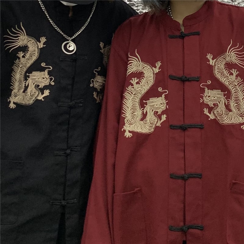 Chinese-style tops, outerwear, shirts, Chinese-style clothing, dragon, improved Tang costume, unisex, dragon pattern, Chinese clothing, Harajuku style, couple clothing, stand-up collar, long sleeves, black, red