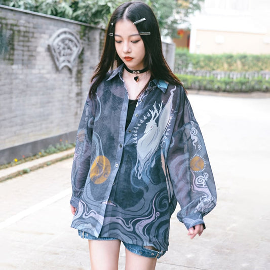 [Kokaishan series] ★China style shirt★ Tops, thin, printed, loose, easy to match, ML original