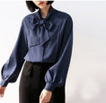 Load image into Gallery viewer, Shirt Blouse Tops Outerwear Women's Fashion New Korean Style Simple Elegant Commuting OL Office Ribbon Neck Single Breasted Lantern Sleeve SML Blue Plain Chiffon
