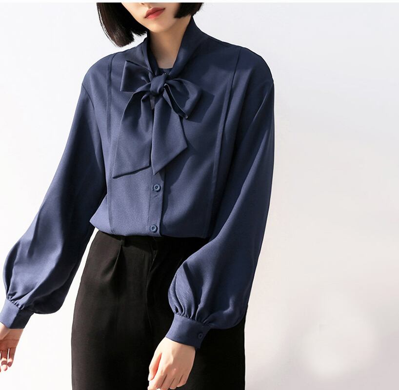 Shirt Blouse Tops Outerwear Women's Fashion New Korean Style Simple Elegant Commuting OL Office Ribbon Neck Single Breasted Lantern Sleeve SML Blue Plain Chiffon