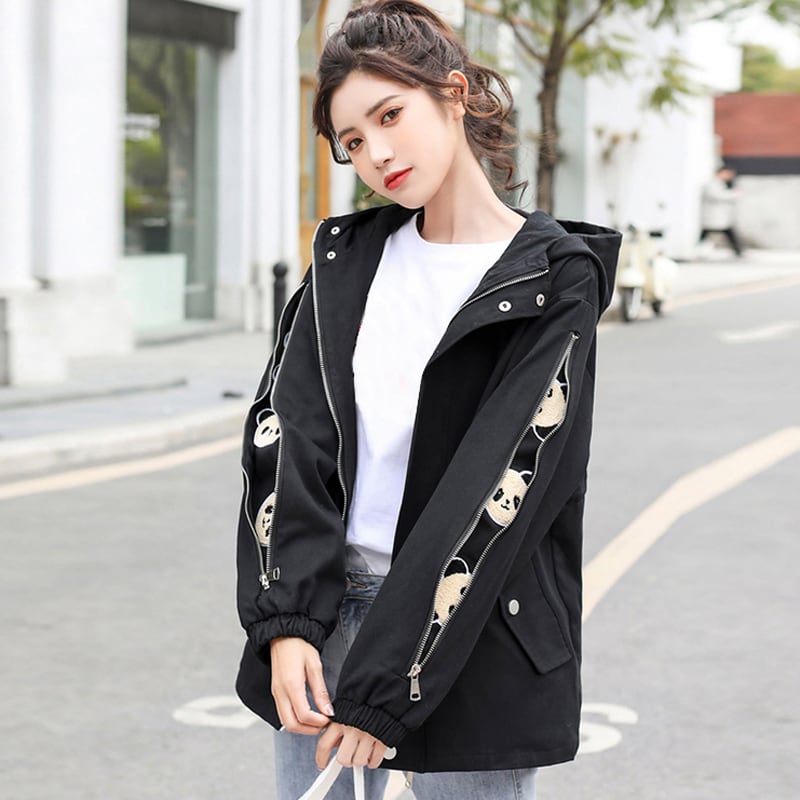 [QIZHI Series]★Jacket★ 3color Outer Panda with Hat Cute Casual Black Beige Blue