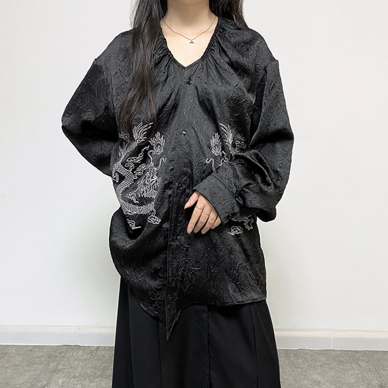 [Illustrated Series]★China Style Shirt★ Tops Dragon Embroidery Fashion Unisex Men's Black Black