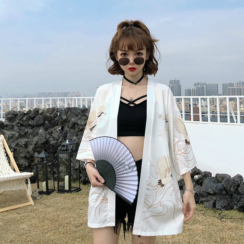 [Shiogakan Series] ★Cardigan★ 2color Harajuku style loose crane pattern black black white white tops