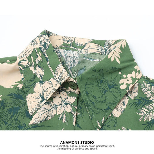 [ANAMONE STUDIO series] ★Long sleeve shirt★ Tops Floral print Retro SML Short length Slimming Green