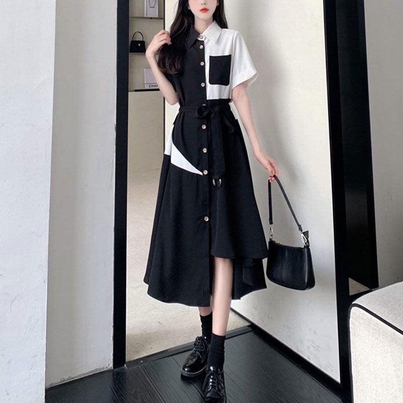 [PANGSAO series]★Shirt dress★ Long length irregular color scheme commuting date office lady large size black black