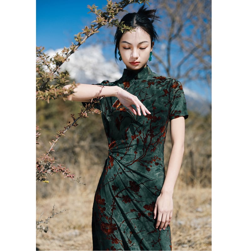 [Da Qinglong Shu Series]★China style dress★ Improved Chinese dress Sexy Velvet Long Length Original Photography Green Green Summer