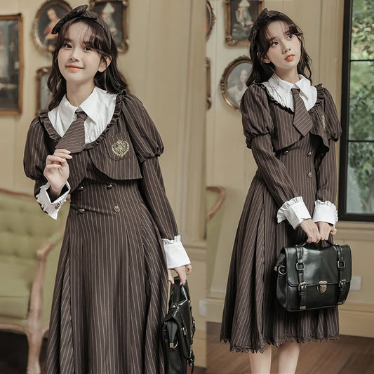 [GOODMORING Series]★Dress with tie★ Faux layered long sleeve dress Cute vertical striped striped pattern