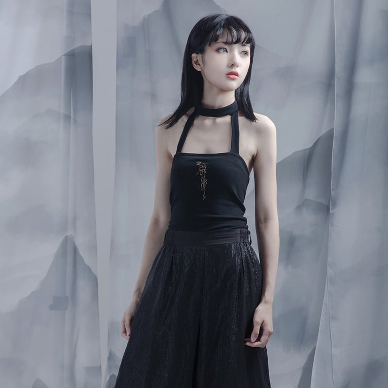 [Kyodo Series]★China style camisole★ Sexy embroidered knit tops Black Black SML Easy to match