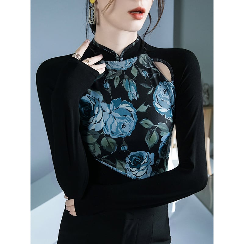 [ZHUOYAN Series]★China style top★ T-shirt, switching, floral pattern, long sleeve, sexy, slim, slimming, easy to match