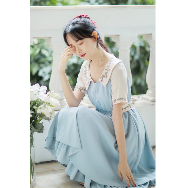 [Poetry Series] ★Chinese-style dress★ 2 colors Dress Embroidery Green Blue SML XL Improve your temperament Cute