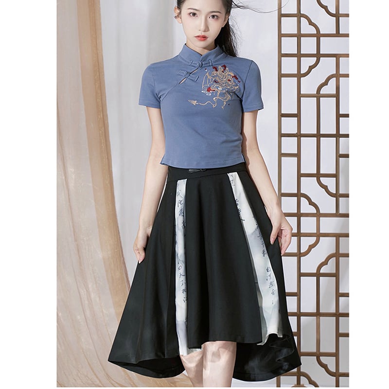 [Kyodo series]★China style skirt★Bottoms Letter pattern switching High waist Black Black S M L XL