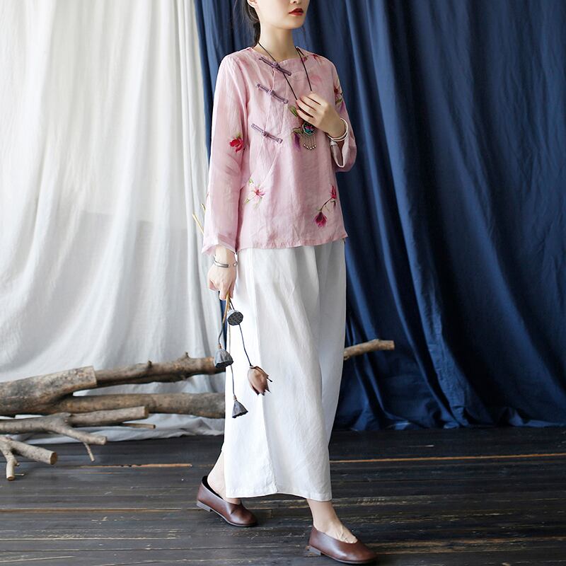 [Light ink series] ★China style tops★ Shirt Improved temperament Improved Tang suit Thin floral pattern Pink China button