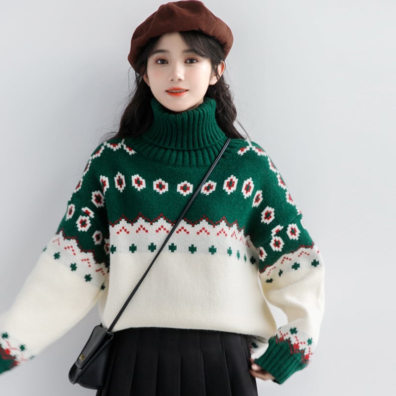 [ZISUO Series]★Sweater★ 2color Tops Christmas Red Green High Neck Thick Warm