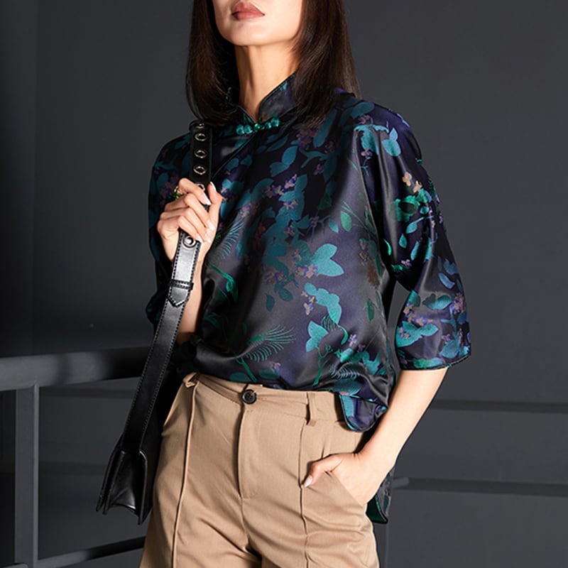 [Furo FRONT Series] ★Chinese style tops★ Shirt Original Floral pattern tops Improves temperament Blue Blue SML