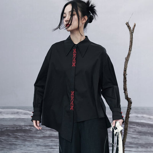 [Da Qinglong Shu Series] ★Chinese style shirt★ Embroidery Chinese clothing Original Black Black Unique Cotton Easy to match