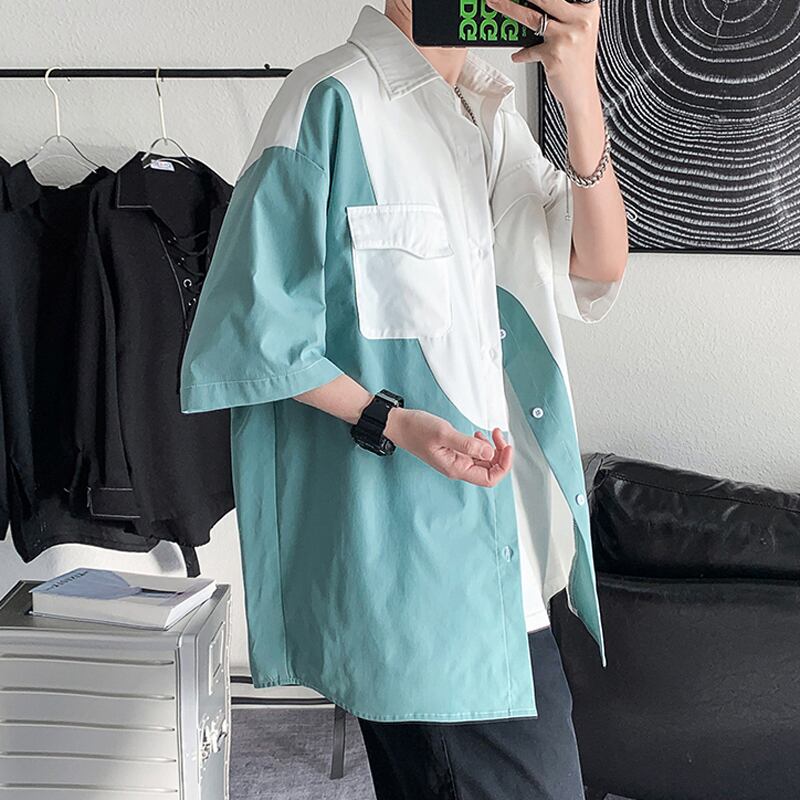 [BIGEMAN Series]★Shirt★ Tops 2color Unisex Men's Large Size Color Scheme Short Sleeve Shirt White Green