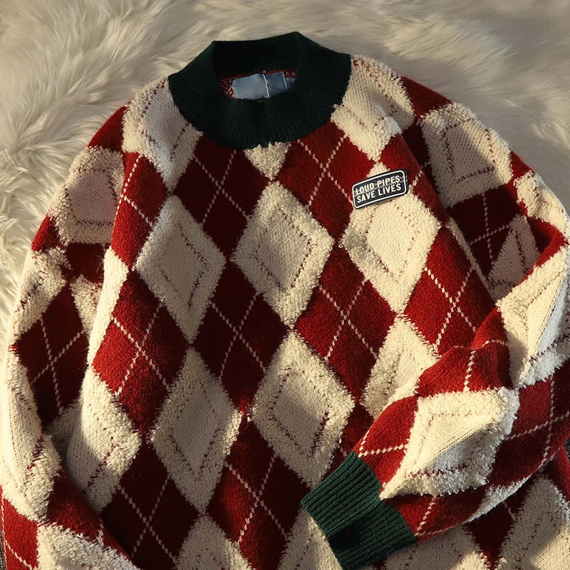 [NANSHIYUN Series] ★Sweater★ 2color Tops Christmas Plaid Diamond Shape Cute New Year Date Red Pink