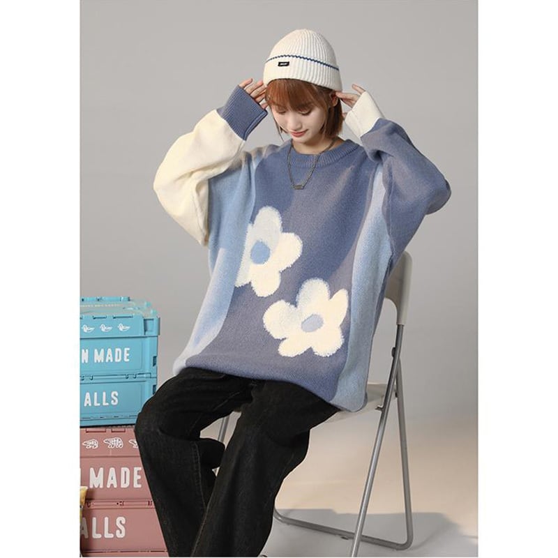 [Ushiomiomi Series] ★Sweater★ 3color knit tops Unisex Men's Floral pattern cute Green Blue Pink