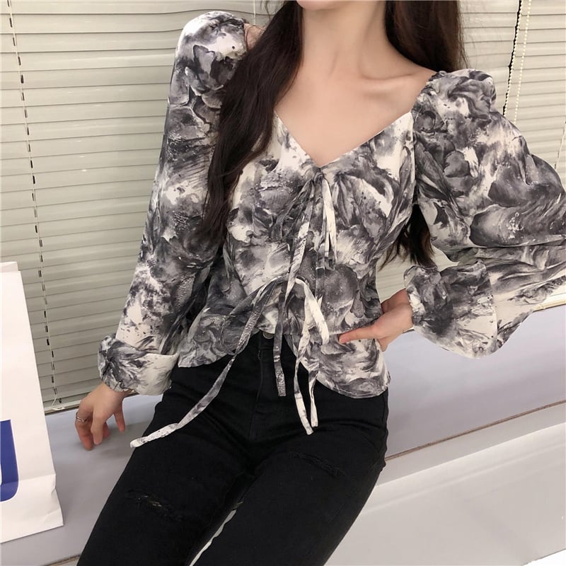 [YIPINXIAN Series]★Tops★ Floral Tops Blouse Short Length Cute Sexy V Neck