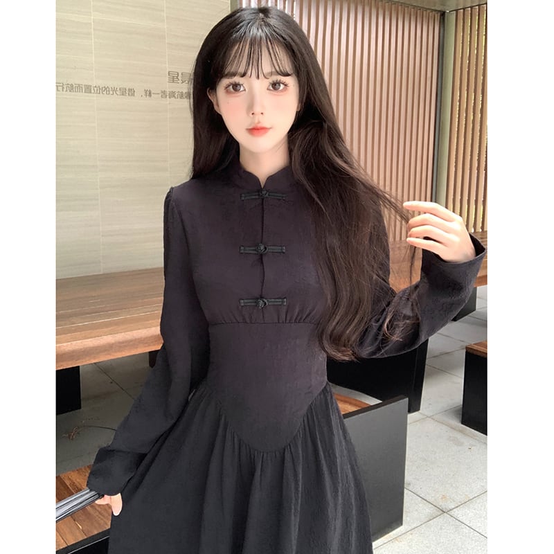 [Dong Xiaojie Series] ★China style dress★ Long length, large size, slimming, black, black