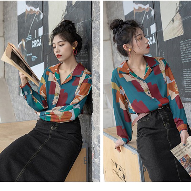 [YOUZI Series]★Retro Shirt★ Long Sleeve Shirt Tops Print Retro SML XL Thin Cute Color Scheme