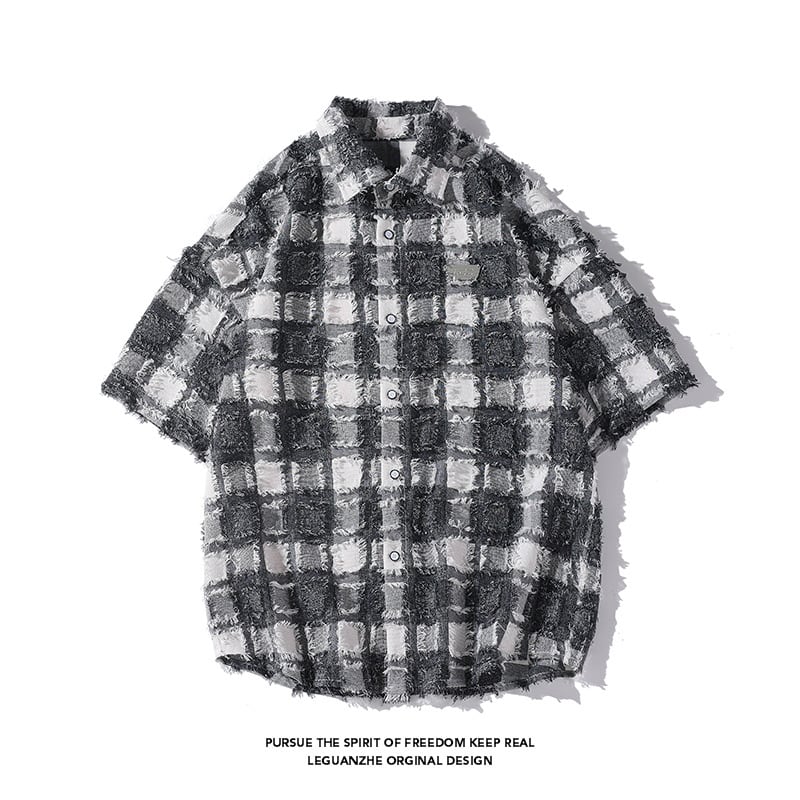 [BIGEMAN Series]★Shirt★ Tops 2color Unisex Men's Large Size Plaid Pattern Black Blue