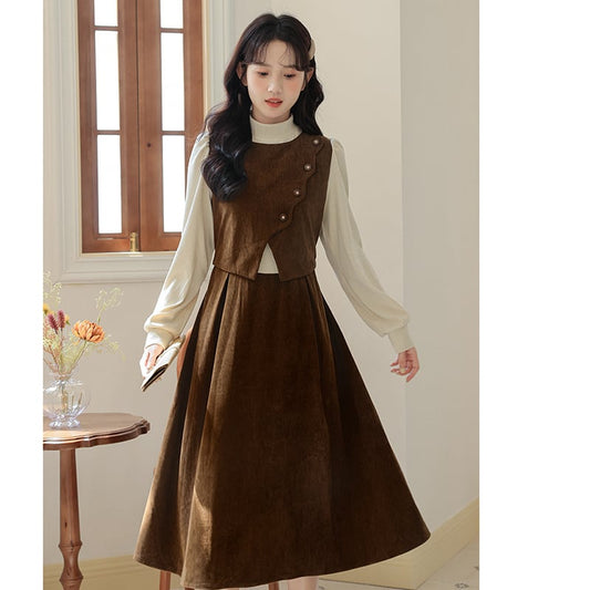 [CHIC Series] ★One Piece★ Faux Layered Corduroy Coffee Color Date Improves Temperament