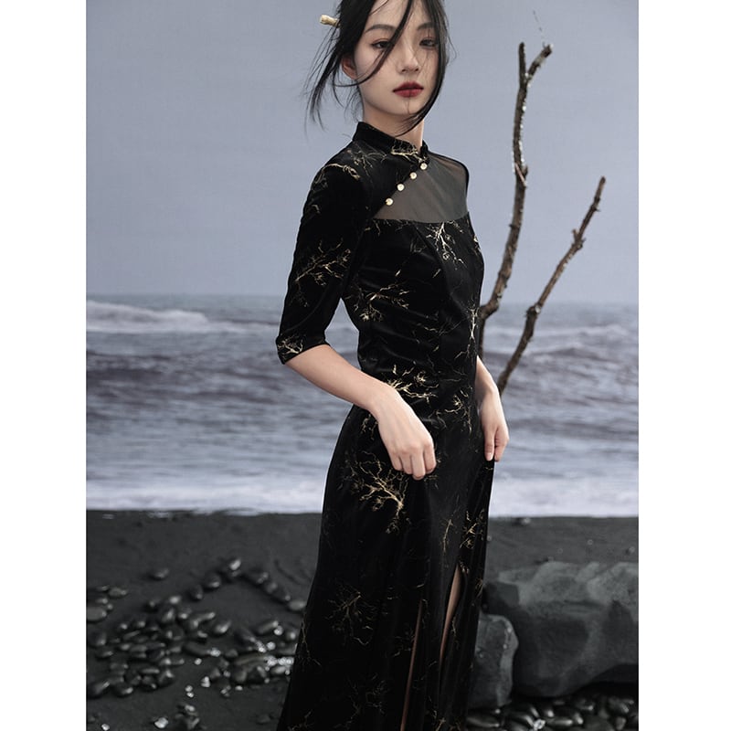 [Daiseiryusu Series] ★China-style dress★ Improved cheongsam dress, velvet, switching slit, black