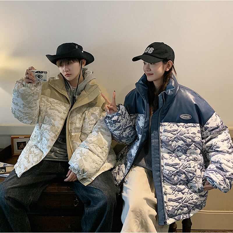 [PPDJ Series] ★Cotton coat★ 4color outer winter coat Color scheme Unisex Men's Large size Snowy mountain pattern