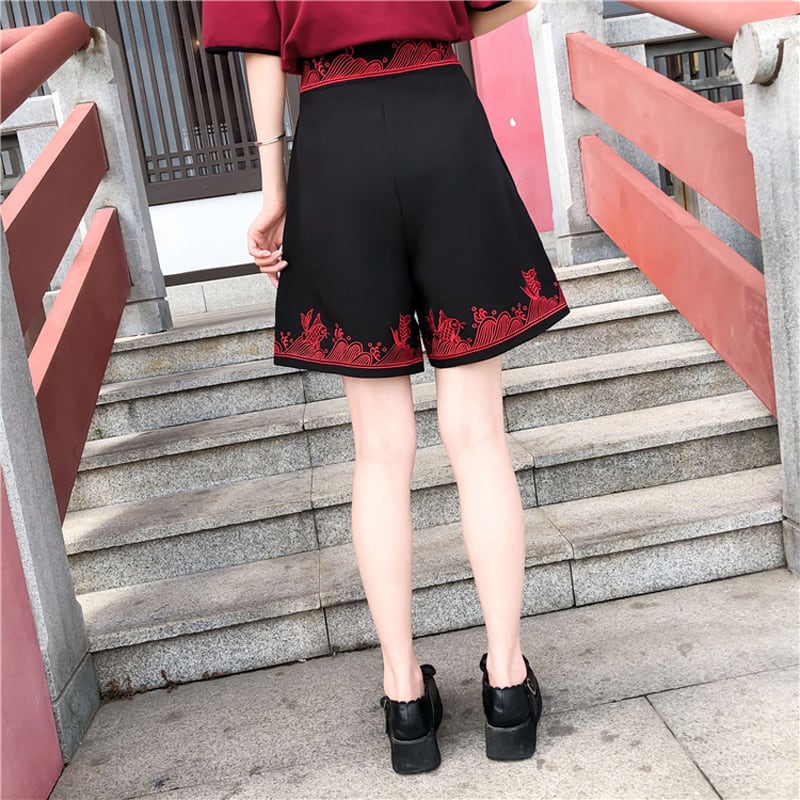 [Chamaru Girl Series]★China style shorts★ Shorts Black Black High Waist A-line Casual