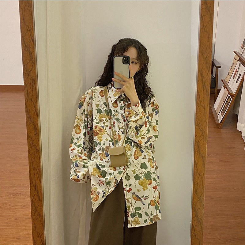 [YOUZI Series]★Shirt★ Tops, oil painting style, floral pattern, loose, retro, commuting, date, cute, cheap, easy to match, thin, spring/summer