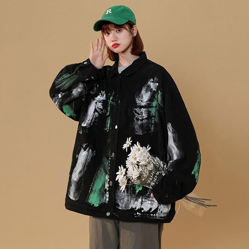 [Fujiiman Series] ★Jacket★ 2color outer denim unisex graffiti unique couple clothes retro oversize