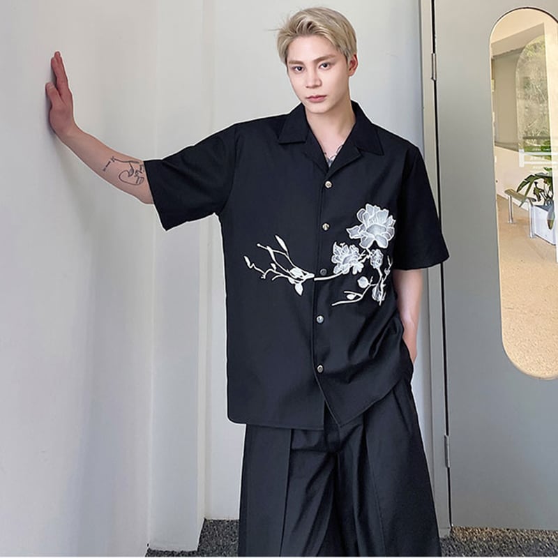 [Illustrated series]★China style shirt★ Tops embroidery fashion men's unisex black black Chinese clothing