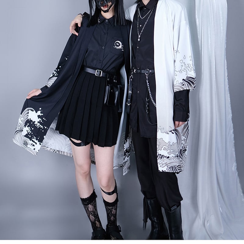 [Kuraho Koya Series]★China style happi coat★2color black or white wave pattern print chiffon improved Hanfu Hanfu coat thin