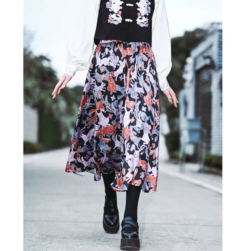 [Ancient monster house --- Rabbit series] ★China style skirt★ Bottoms print rabbit rabbit original SML