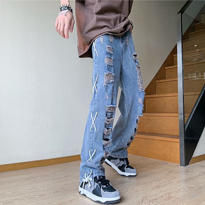 [YANDAN Series]★Denim pants★Bottoms Pants Unisex Men's Distressed Blue Blue Design Stylish