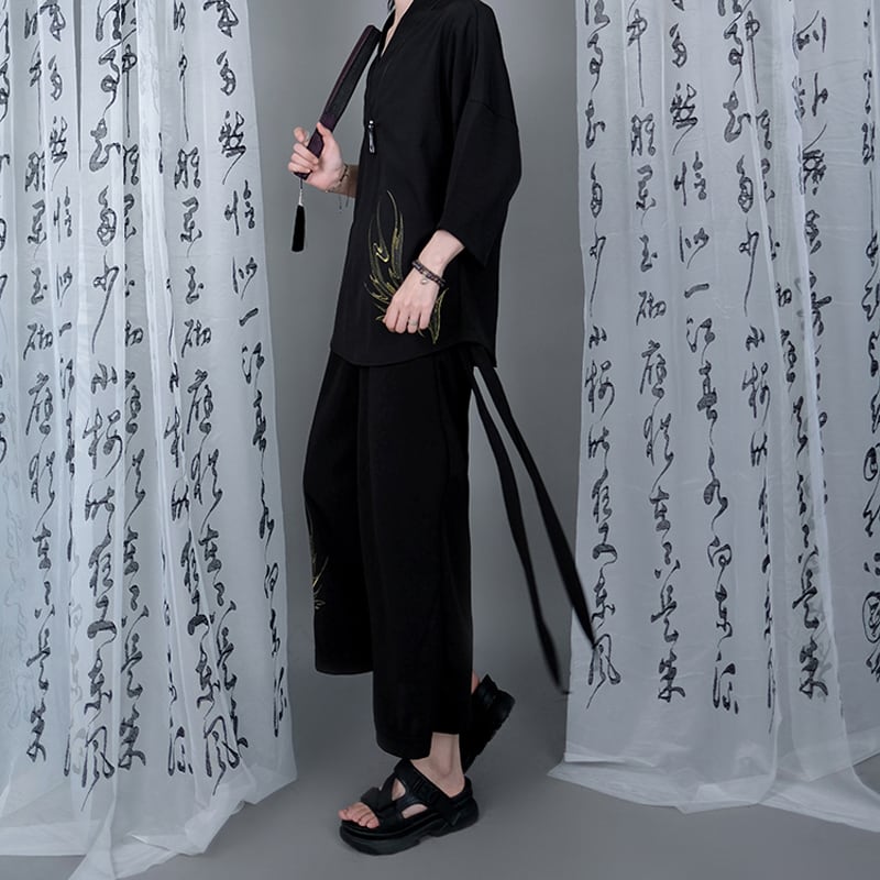 [Kuraho Koya Series] ★China style pants★ Embroidery 2color Gold or Silver Gaucho Pants Gaucho Black Black