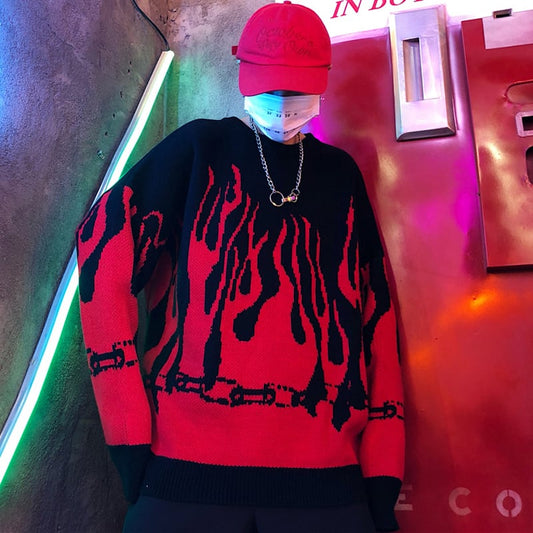 [OOTDstudio Series]★Sweater★ 2color Tops Flame Flame Pattern Knit Tops Unisex Men's Red Purple