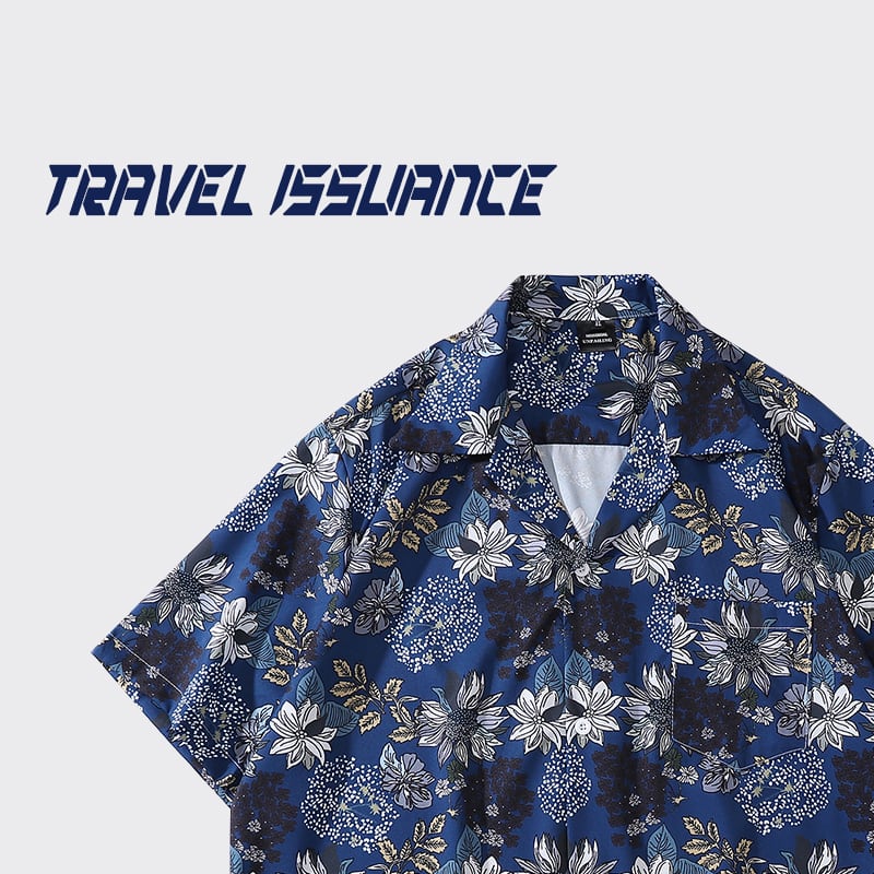 【TRAVEL ISSUANCEシリーズ】★花柄シャツ★ 男女兼用 メンズ 個性的 ゆったり 合わせやすい ダークブルー 青い