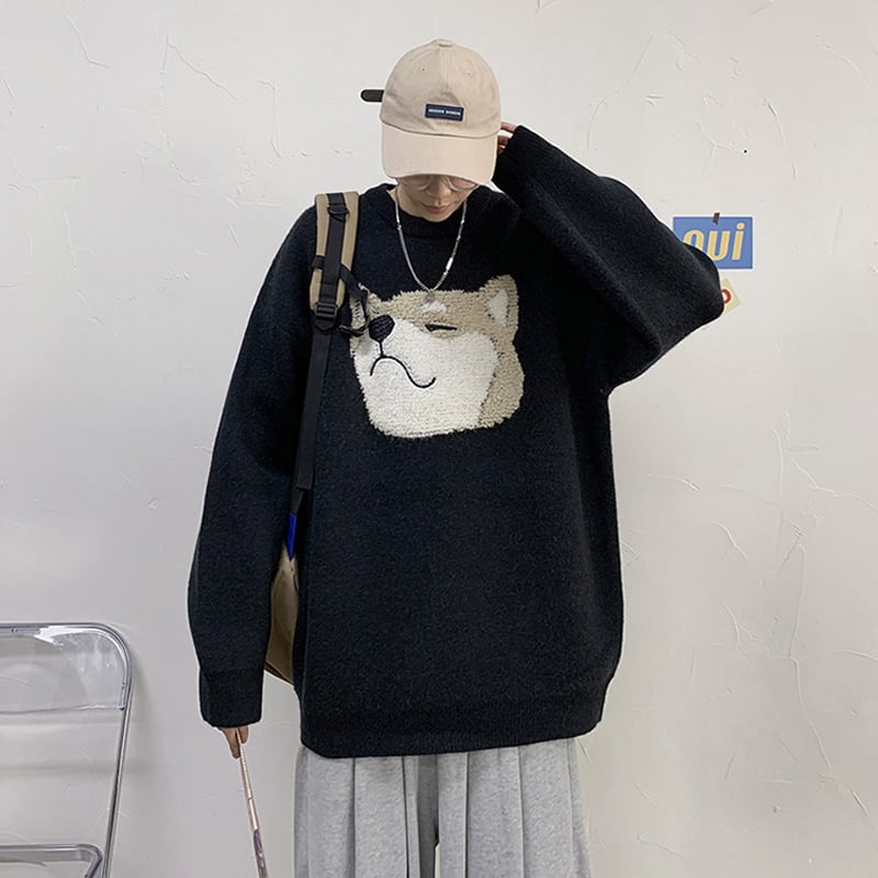 [Emeisa Series] ★Sweater★ 3color Knit Tops Unisex Men's Dog Animal Black Gray Blue