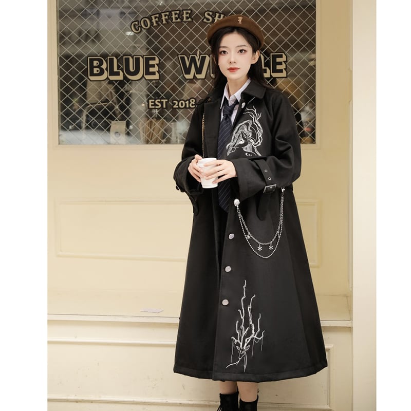 [Hanru First---Beisheng Series] ★China style coat★ Long outerwear with chain embroidery Black Black SML